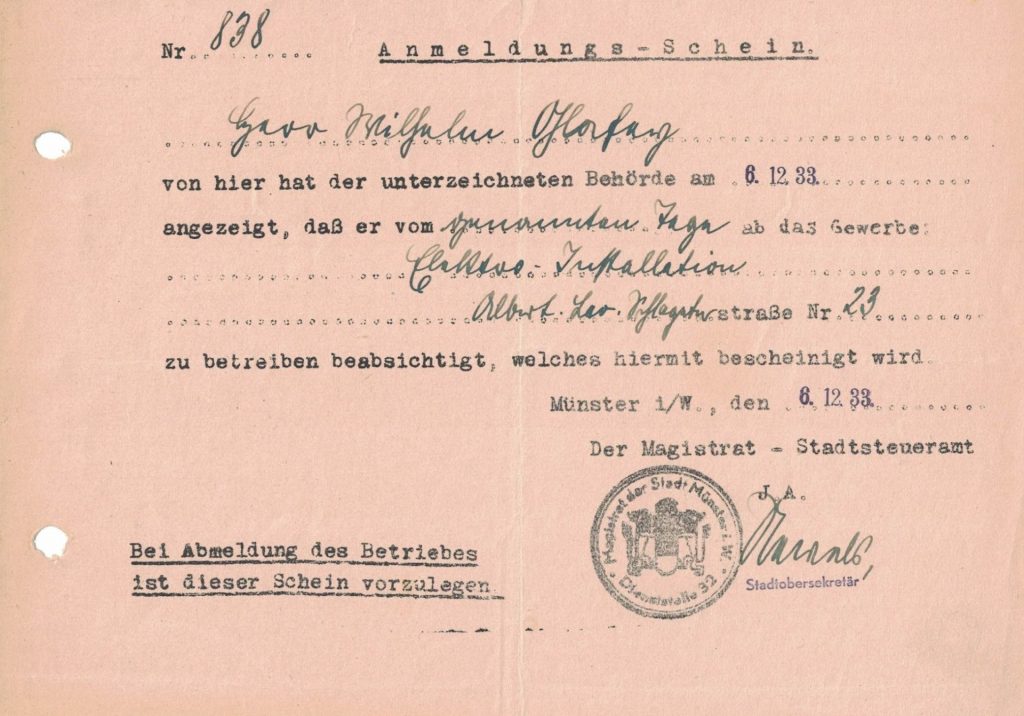 Anmeldungs-Schein Elektro Glafey Münster 1933